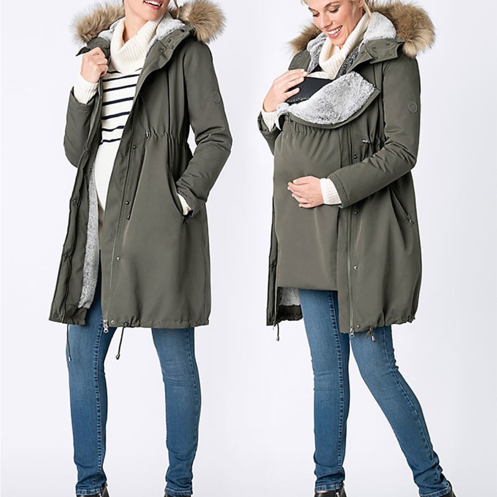 Seraphine Olive Utility Maternity Jacket with Faux Fur Trim